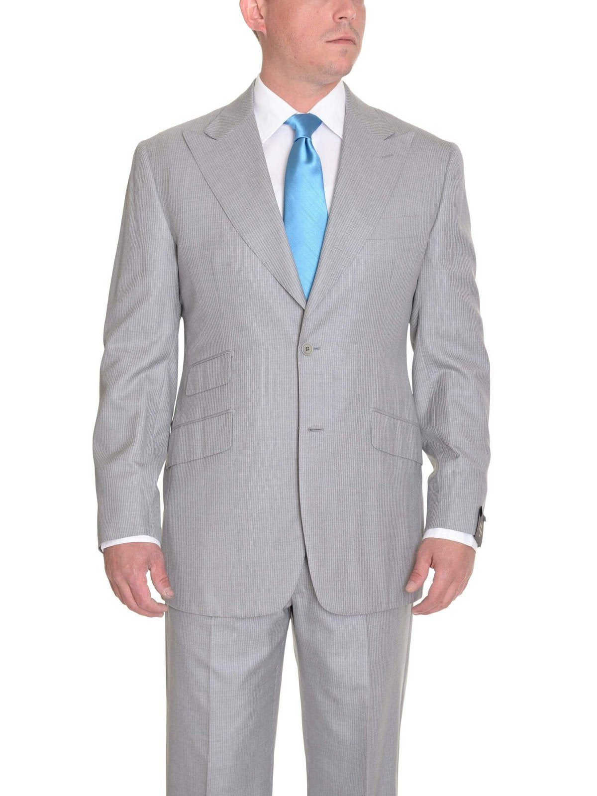 Sartoria Partenopea 40R 50 Light Gray Pinstriped Wool Silk Suit With Peak Lapels - The Suit Depot