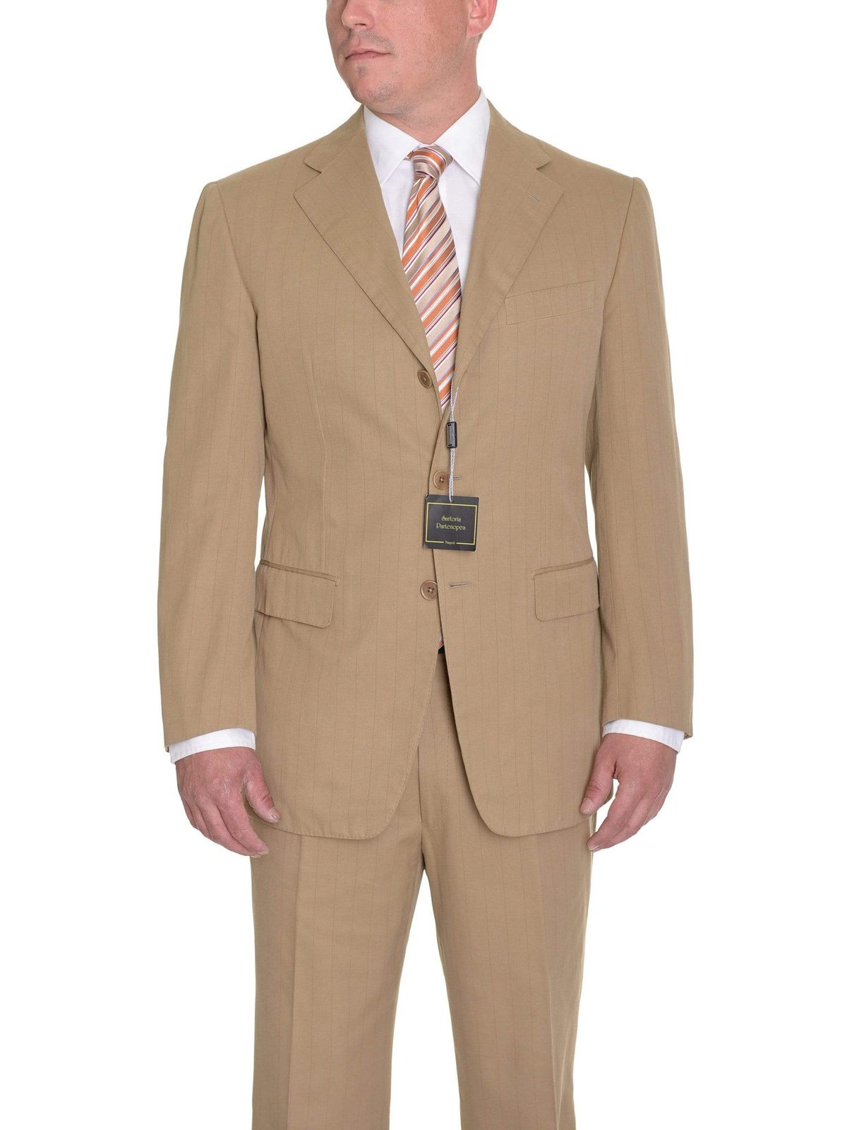 Sartoria Partenopea 40R 50 Tan Striped Unlined Cotton Cashmere Suit - The Suit Depot