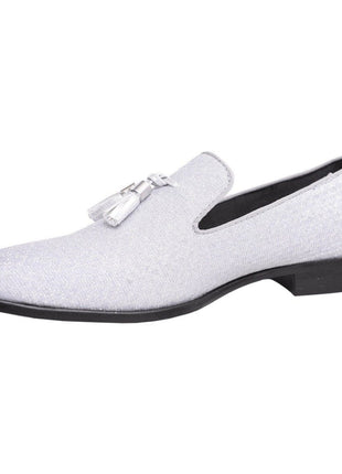 Stacy Adams Swank Tassel Textured Silver Sparkle Slip-on Dress Shoes - The Suit Depot