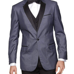 Statement THREE PIECE SUITS Mens Modern Fit Blue Sharkskin Plaid Three Piece One ButtonTuxedo Tux Suit