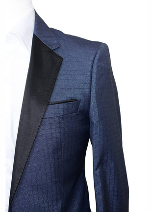 Statement THREE PIECE SUITS Mens Modern Fit Blue Sharkskin Plaid Three Piece One ButtonTuxedo Tux Suit