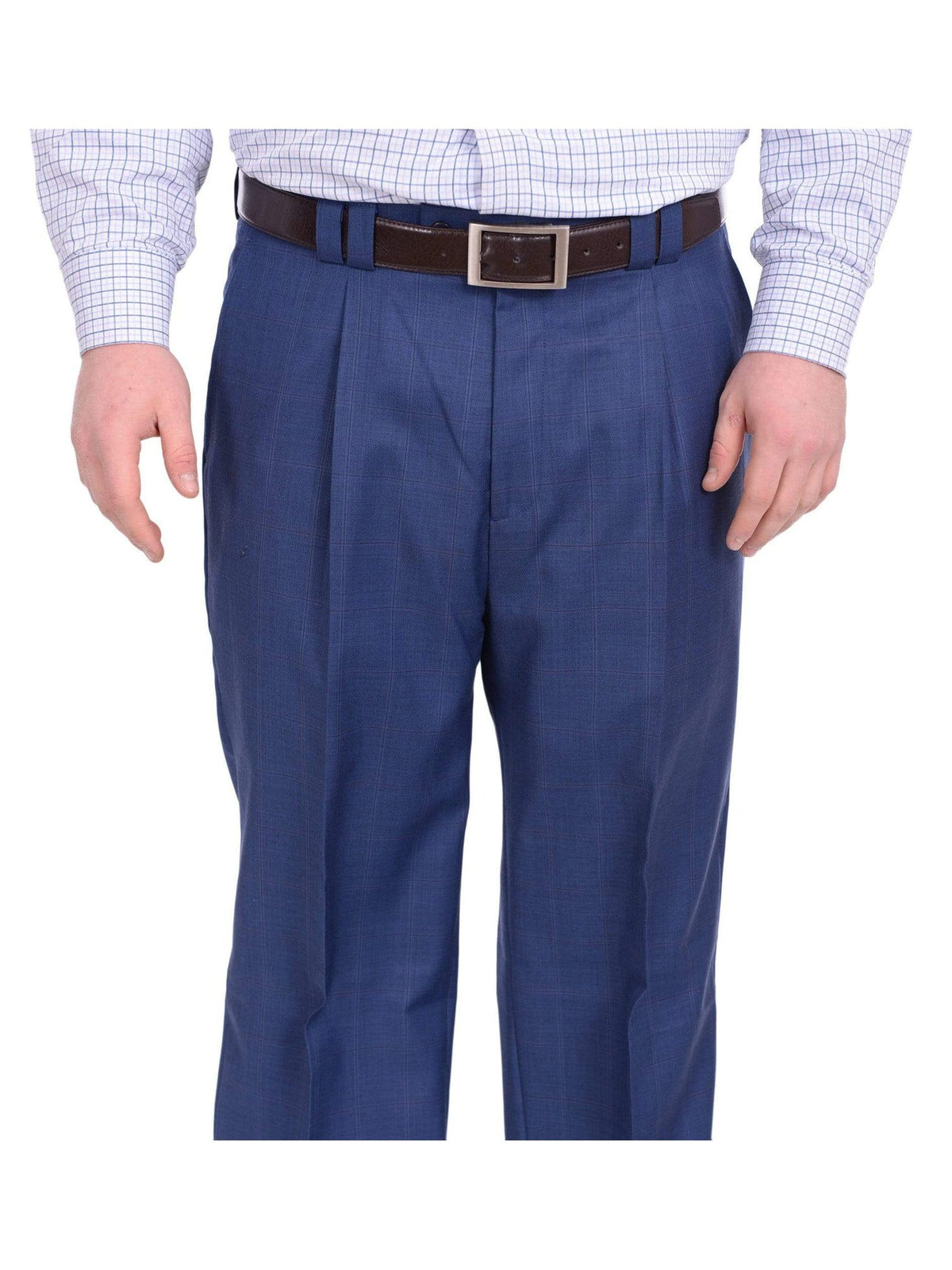 Steven Land Classic Fit Blue Windowpane Plaid Pleated Wide Leg Wool Dress Pants - The Suit Depot
