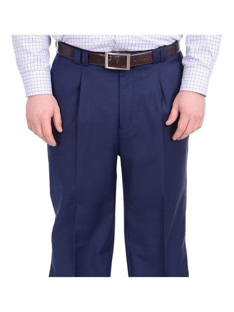 Steven Land Classic Fit Solid French Navy Blue Pleated Wide Leg Wool Dress Pants, 54