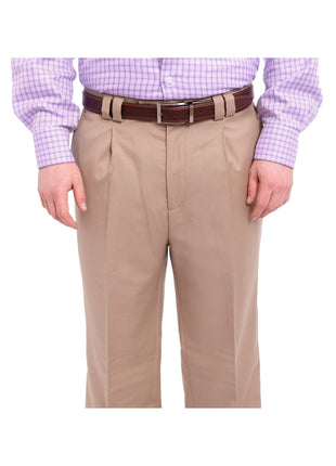 Steven Land Classic Fit Solid Tan Single Pleated Wide Leg Wool Dress Pants - The Suit Depot