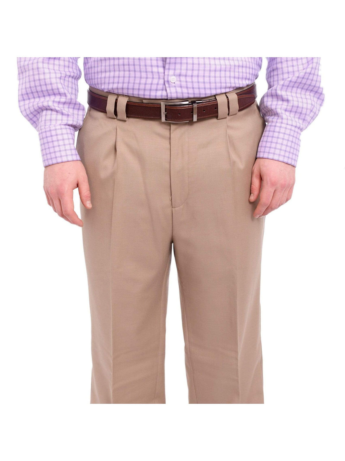 Steven Land Classic Fit Solid Tan Single Pleated Wide Leg Wool Dress Pants - The Suit Depot
