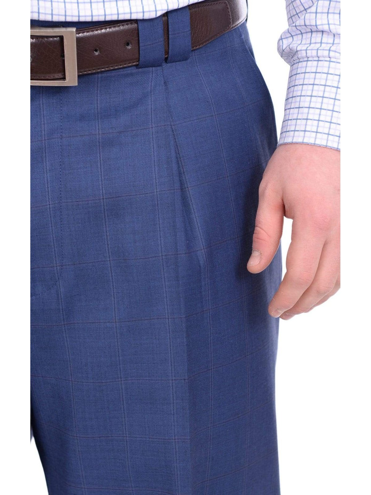 Steven Land Classic Fit Blue Windowpane Plaid Pleated Wide Leg Wool Dress Pants, 54 Steven Land Classic Fit Blue Windowpane Plaid Pleated Wide Leg Wool Dress Pants, 54