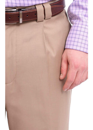 Steven Land Classic Fit Solid Tan Single Pleated Wide Leg Wool Dress Pants - The Suit Depot