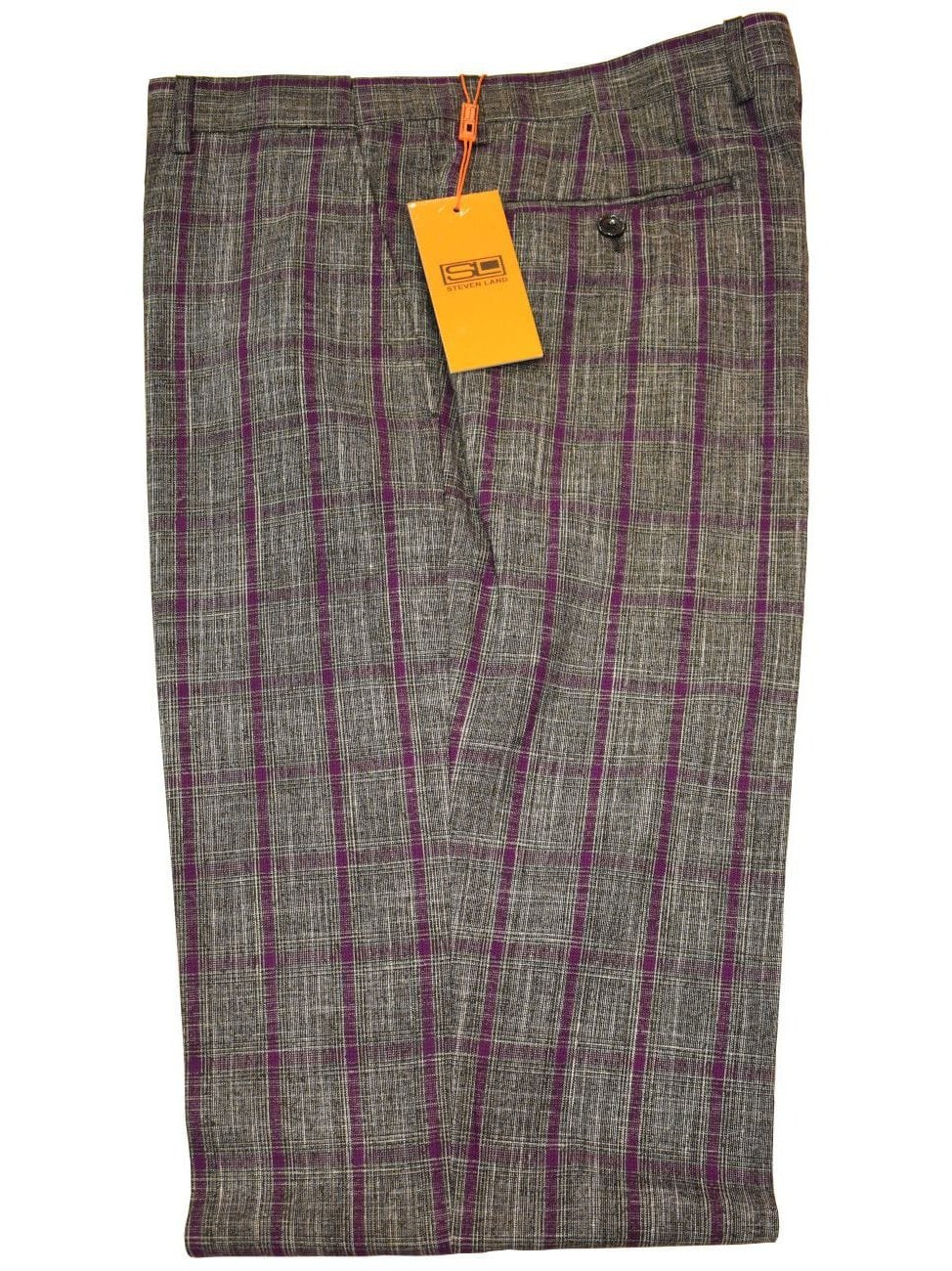 Steven Land PANTS Steven Land Mens Regular Fit Gray & Purple Plaid Flat Front Dress Pants