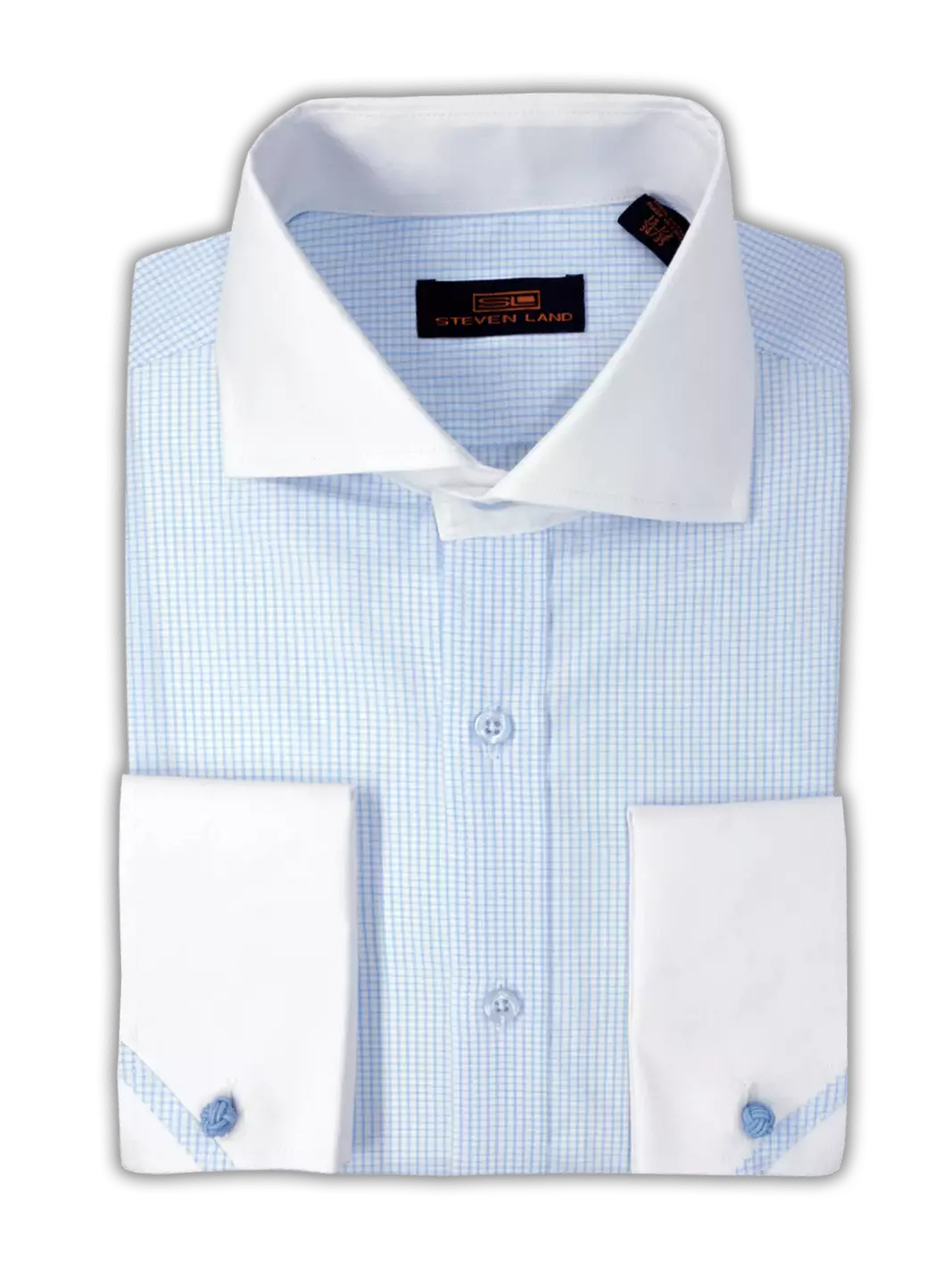 Steven Land SHIRTS Steven Land Mens Blue Check Contrast Collar &amp; French Cuff Cotton Dress Shirt