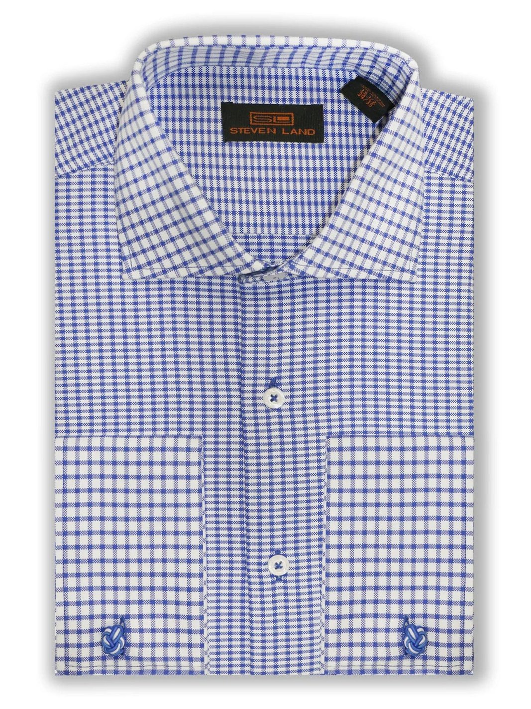 Steven Land SHIRTS Steven Land Mens Blue Check Spread Collar French Cuff 100% Cotton Dress Shirt