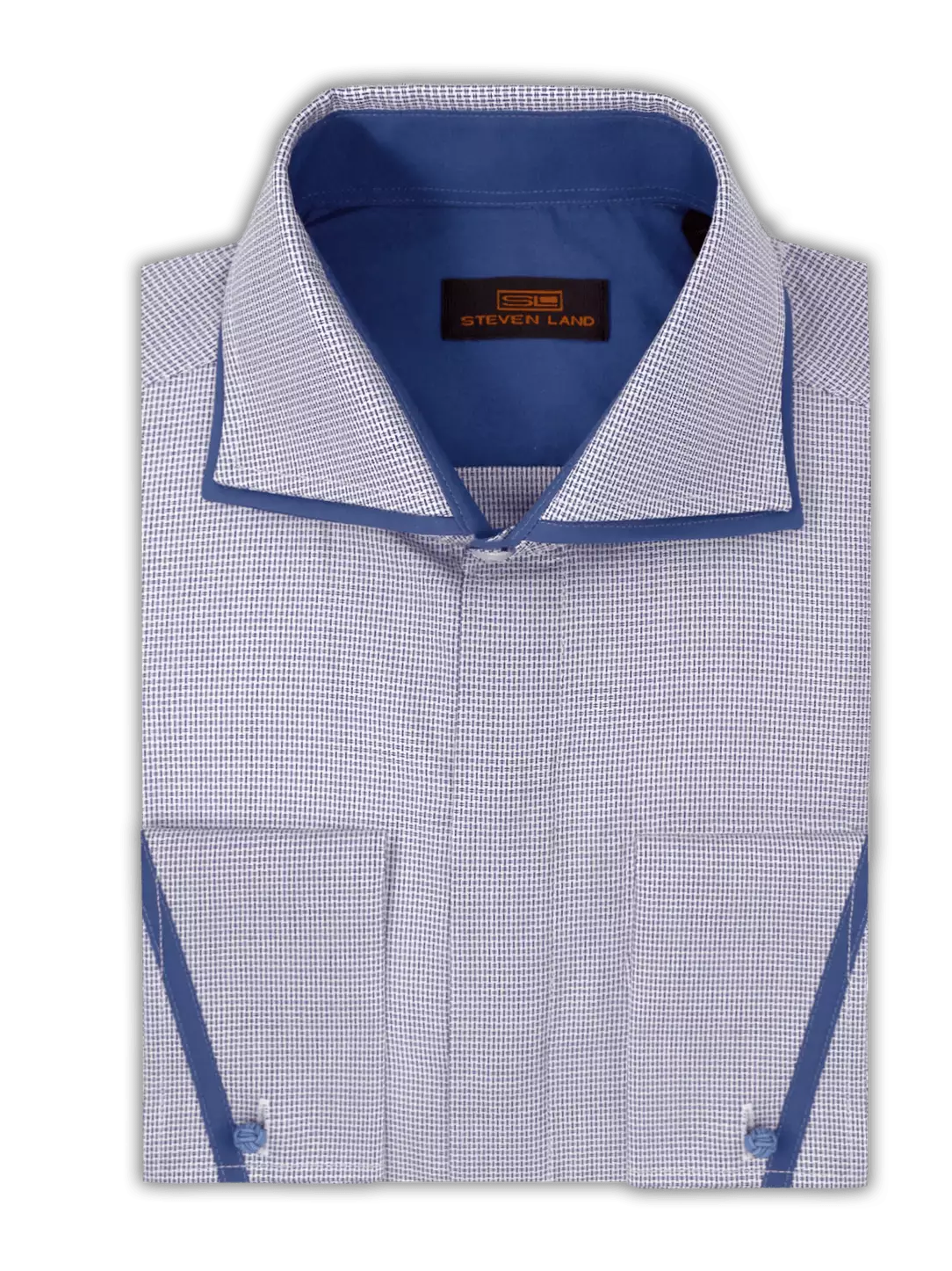 Steven Land SHIRTS Steven Land Mens Blue Classic Fit Spread Collar French Cuff 100% Cotton Dress Shirt