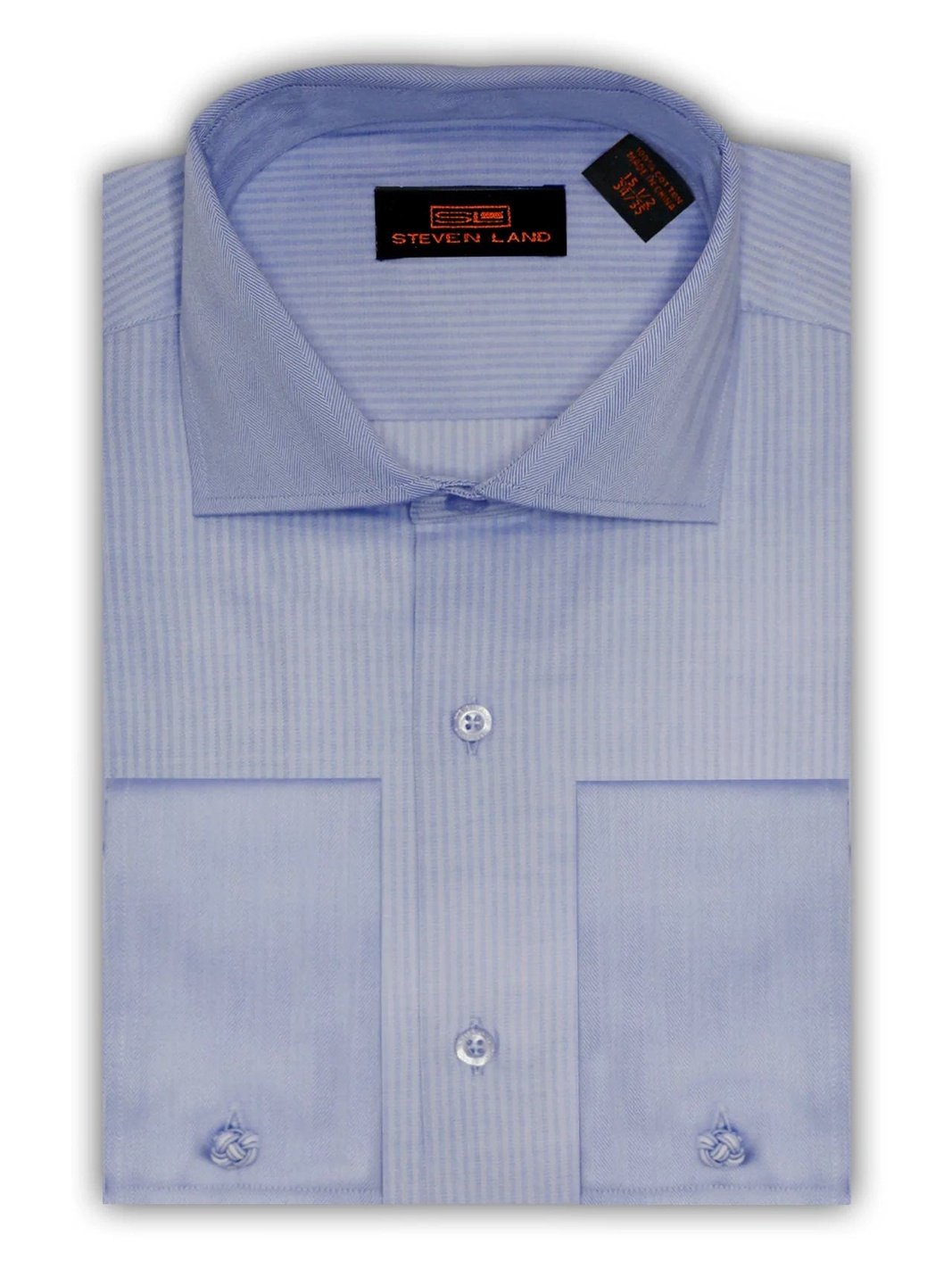 Steven Land SHIRTS Steven Land Mens Blue Herringbone Cotton Spread Collar French Cuff Dress Shirt