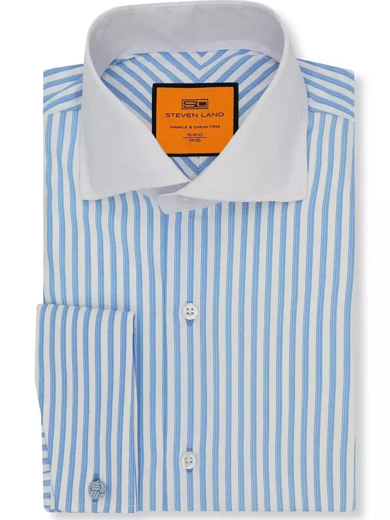 Steven Land Mens Blue Striped French Cuff Contrast Collar Cotton