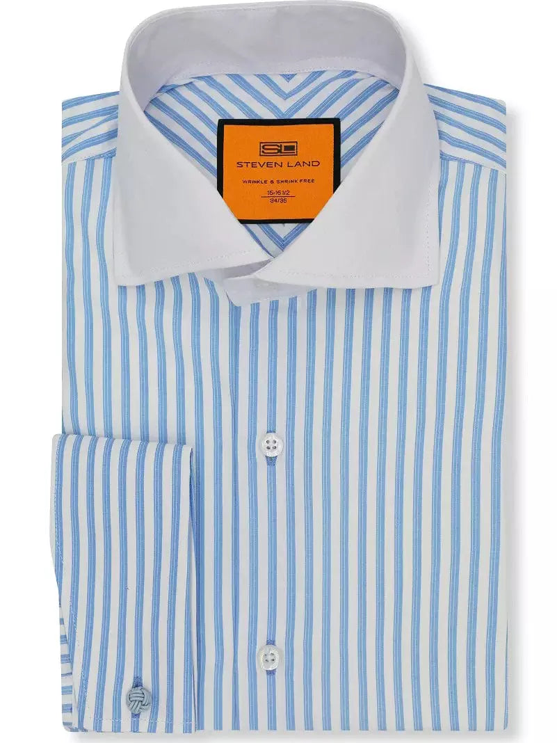 Steven Land SHIRTS Steven Land Mens Blue Striped French Cuff Contrast Collar 100% Cotton Dress Shirt