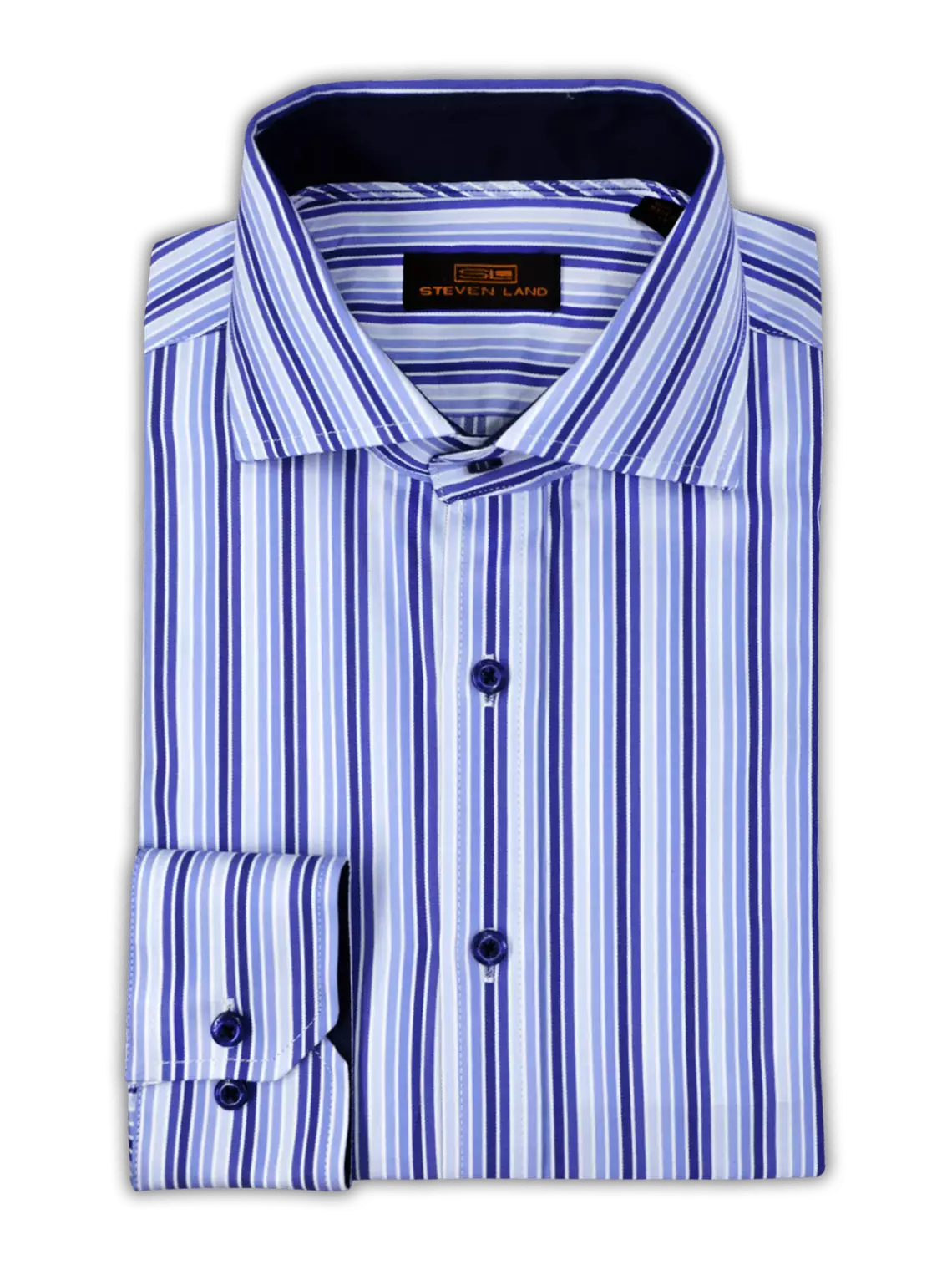 Steven Land SHIRTS Steven Land Mens Blue Striped Regular Fit Spread Collar 100% Cotton Dress Shirt