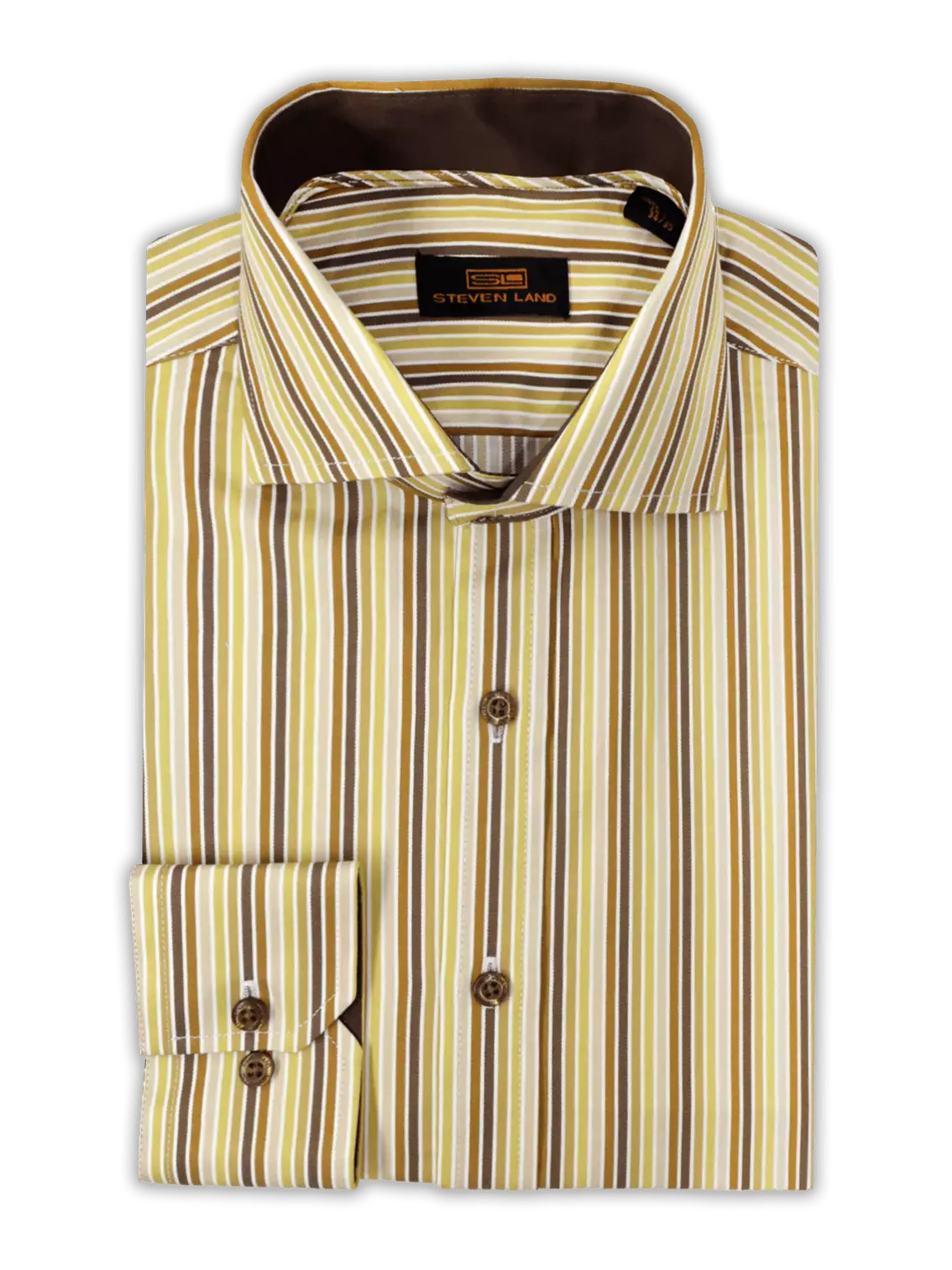 Steven Land SHIRTS Steven Land Mens Brown Striped Regular Fit Spread Collar 100% Cotton Dress Shirt