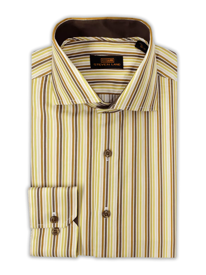 Steven Land Mens Brown Striped Regular Fit Spread Collar 100 Cotton D The Suit Depot