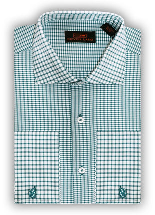 Steven Land SHIRTS Steven Land Mens Green Check 100% Cotton Spread Collar French Cuff Dress Shirt