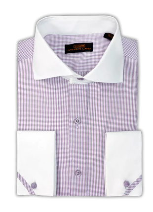 Steven Land SHIRTS Steven Land Mens Purple Check Contrast Collar & French Cuff Cotton Dress Shirt