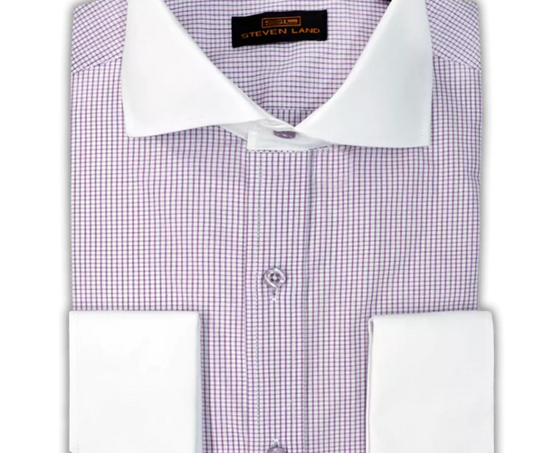 contrast collar dress shirt Steven Land Mens Purple Check Contrast Cutaway Collar & French Cuff Cotton Dress Shirt, 17 / 36/37