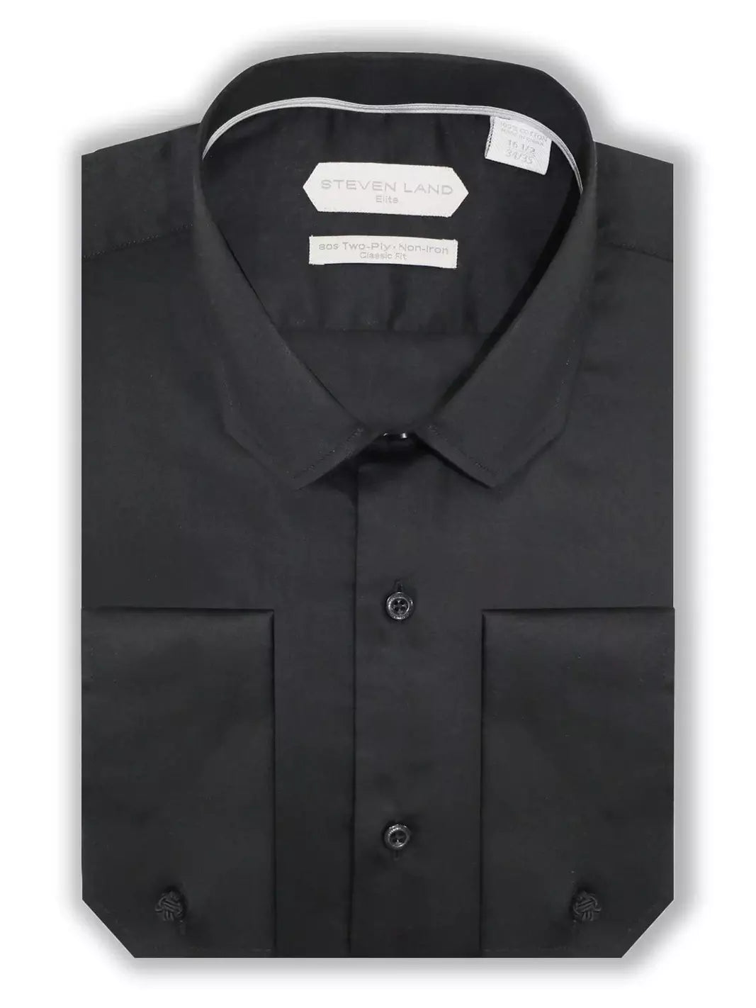 Steven Land SHIRTS Steven Land Mens Solid Black Regular Fit 100% Cotton French Cuff Dress Shirt