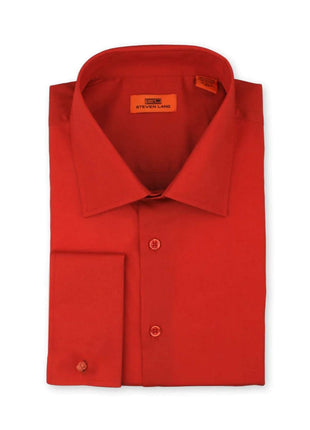Steven Land SHIRTS Steven Land Mens Solid Red 100% Cotton Wrinkle Free French Cuff Dress Shirt