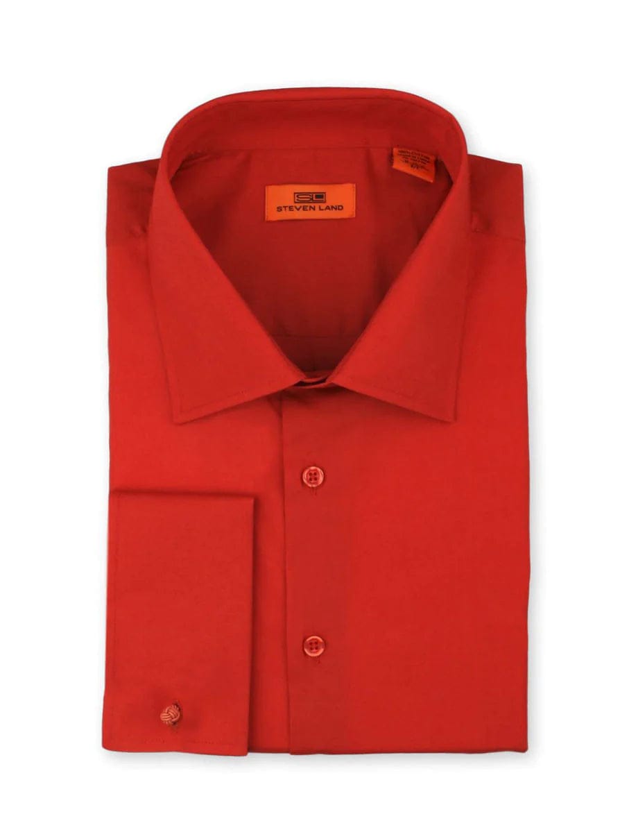 Steven Land SHIRTS Steven Land Mens Solid Red 100% Cotton Wrinkle Free French Cuff Dress Shirt