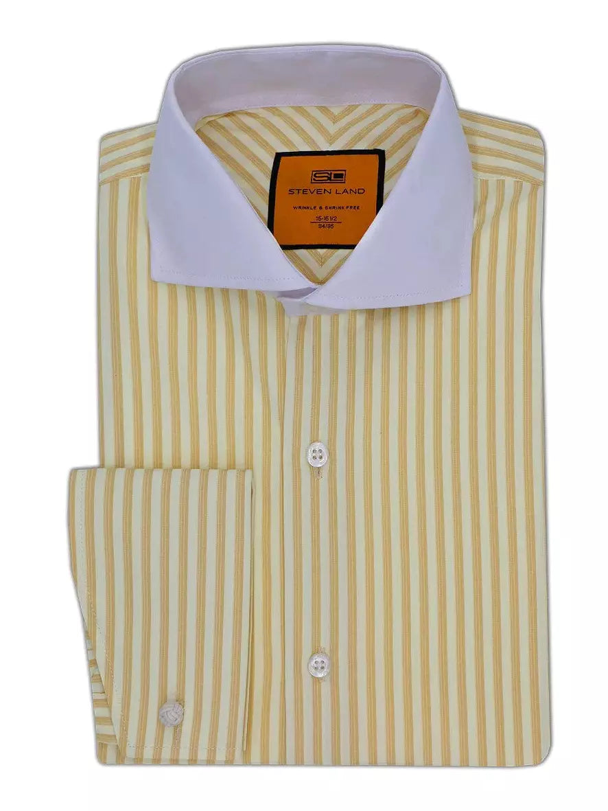 Steven Land SHIRTS Steven Land Mens Yellow Striped French Cuff Contrast Collar 100% Cotton Dress Shirt