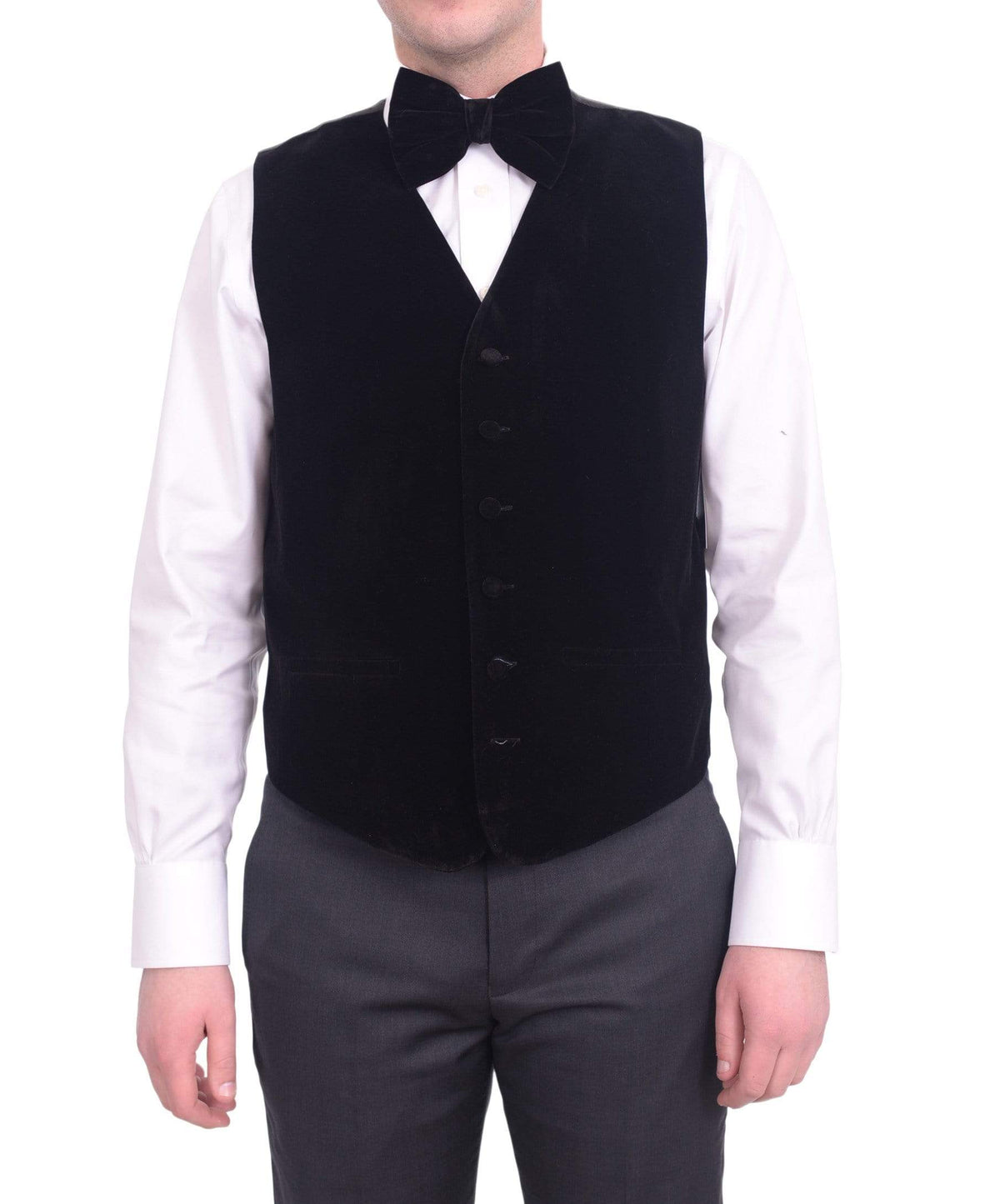 Steven Land Steven Land Solid Black Velour Six Button Vest With Necktie &amp; Bowtie Set