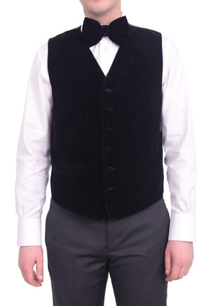 Steven Land Solid Black Velour Six Button Vest With Necktie & Bowtie Set - The Suit Depot