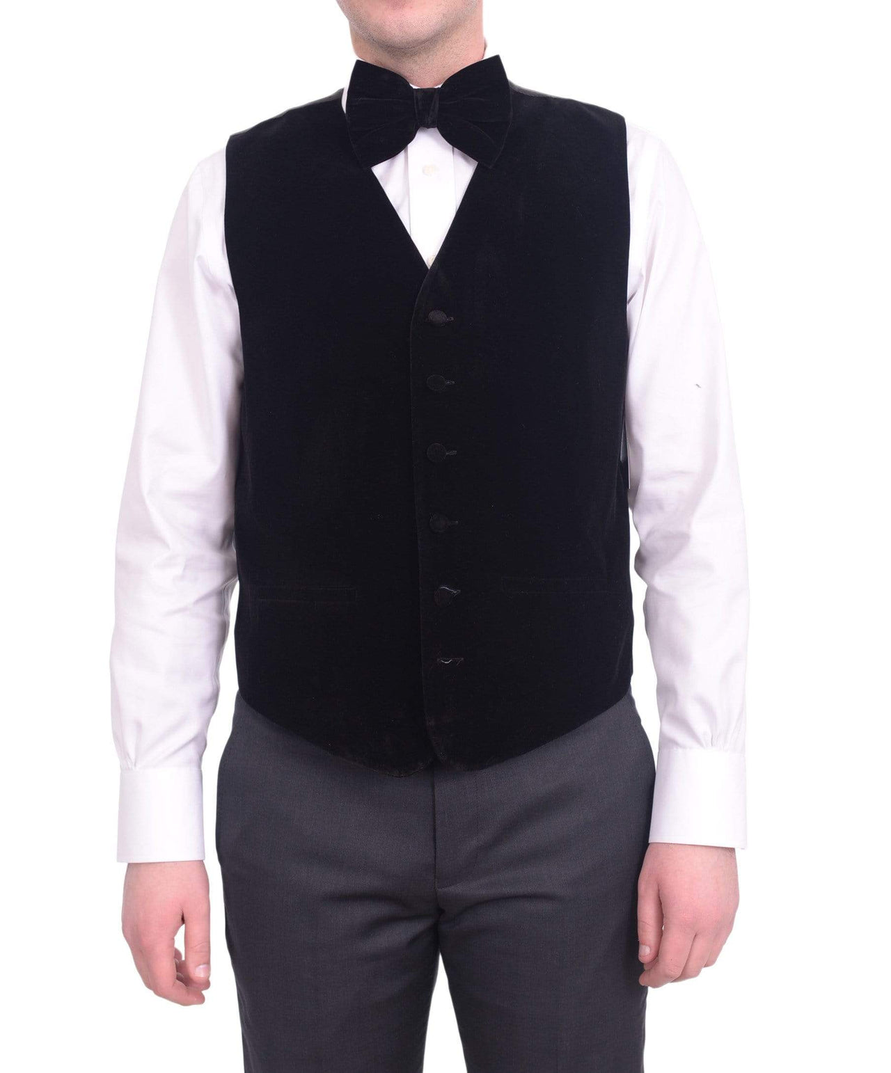 Steven Land Solid Black Velour Six Button Vest With Necktie & Bowtie Set - The Suit Depot