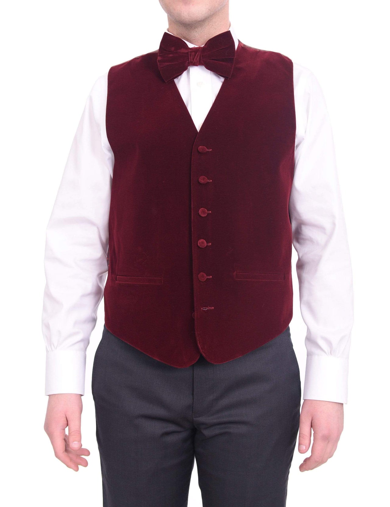 Steven Land Solid Burgundy Velvet Velour Vest With Necktie & Bowtie Set - The Suit Depot