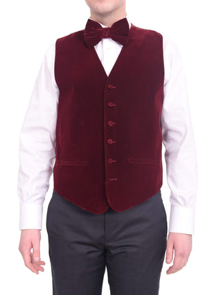 Steven Land Solid Burgundy Velvet Velour Vest With Necktie & Bowtie Set - The Suit Depot