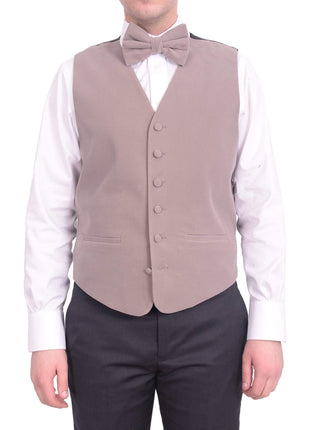 Steven Land Solid Gray Taupe Velvet Velour Vest With Necktie & Bowtie Set - The Suit Depot