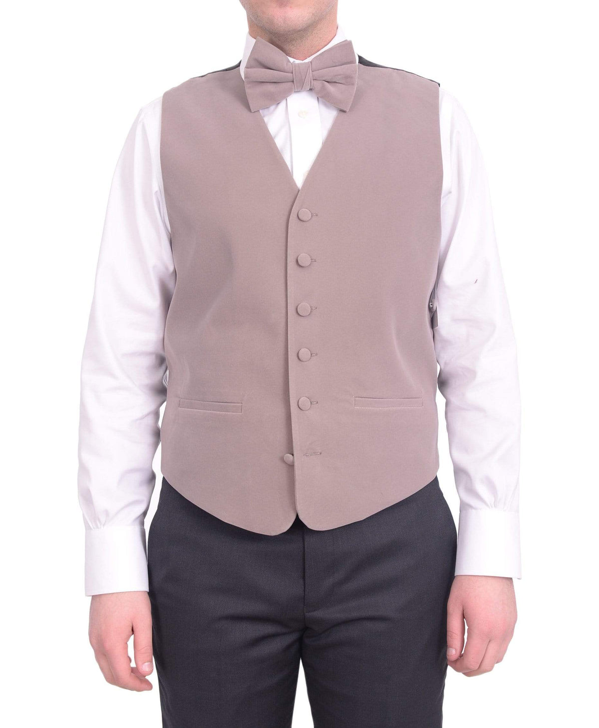 Steven Land Solid Gray Taupe Velvet Velour Vest With Necktie &amp; Bowtie Set - The Suit Depot