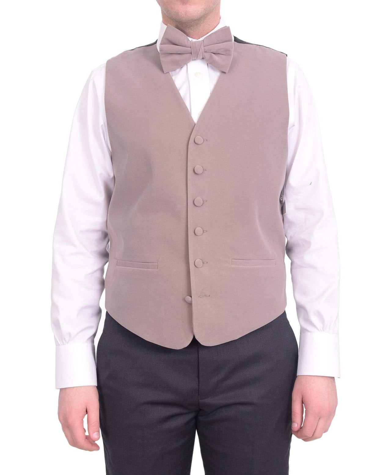 Steven Land Solid Gray Taupe Velvet Velour Vest With Necktie & Bowtie Set - The Suit Depot