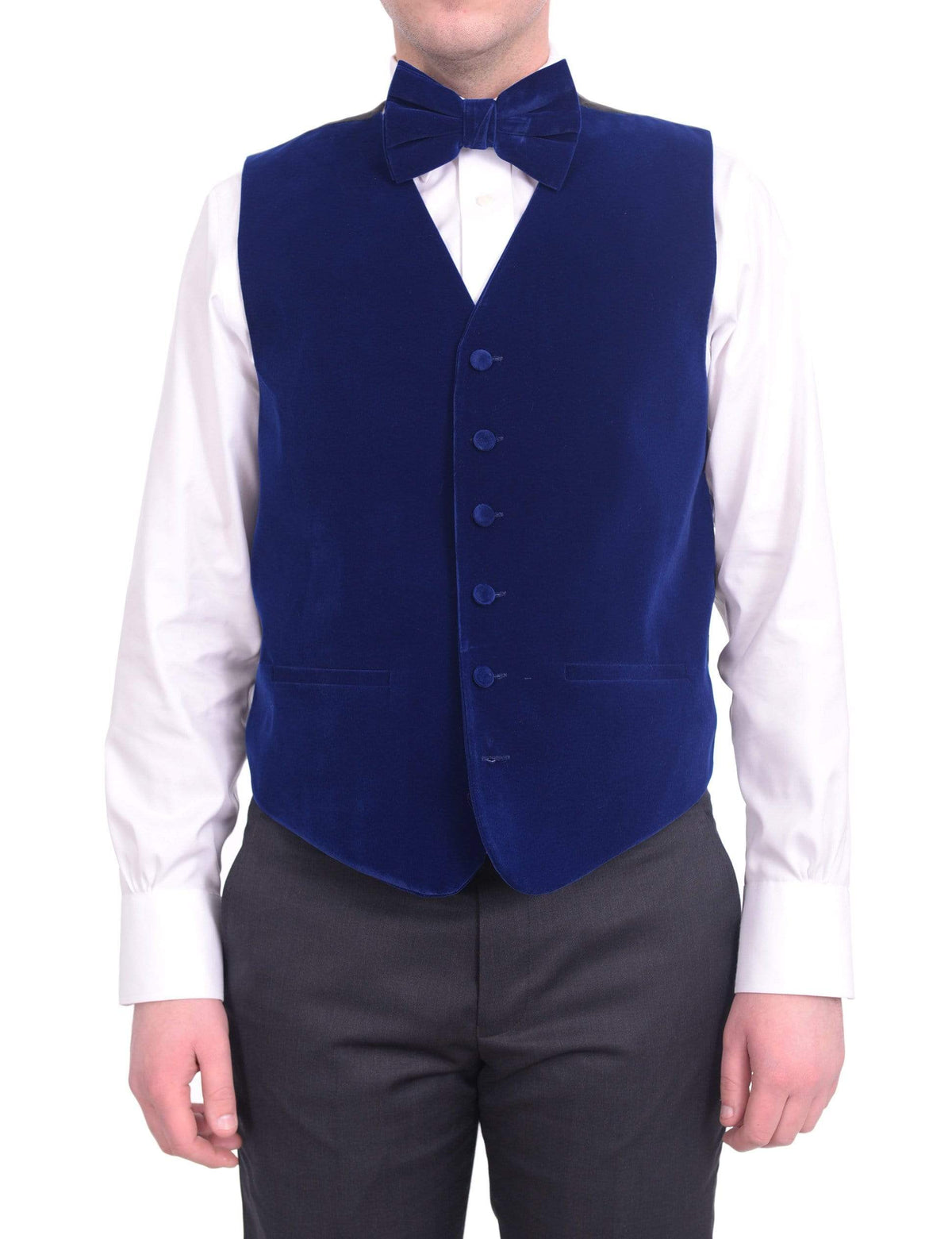 Steven Land Solid Sapphire Blue Velvet Velour Vest With Necktie &amp; Bowtie Set - The Suit Depot