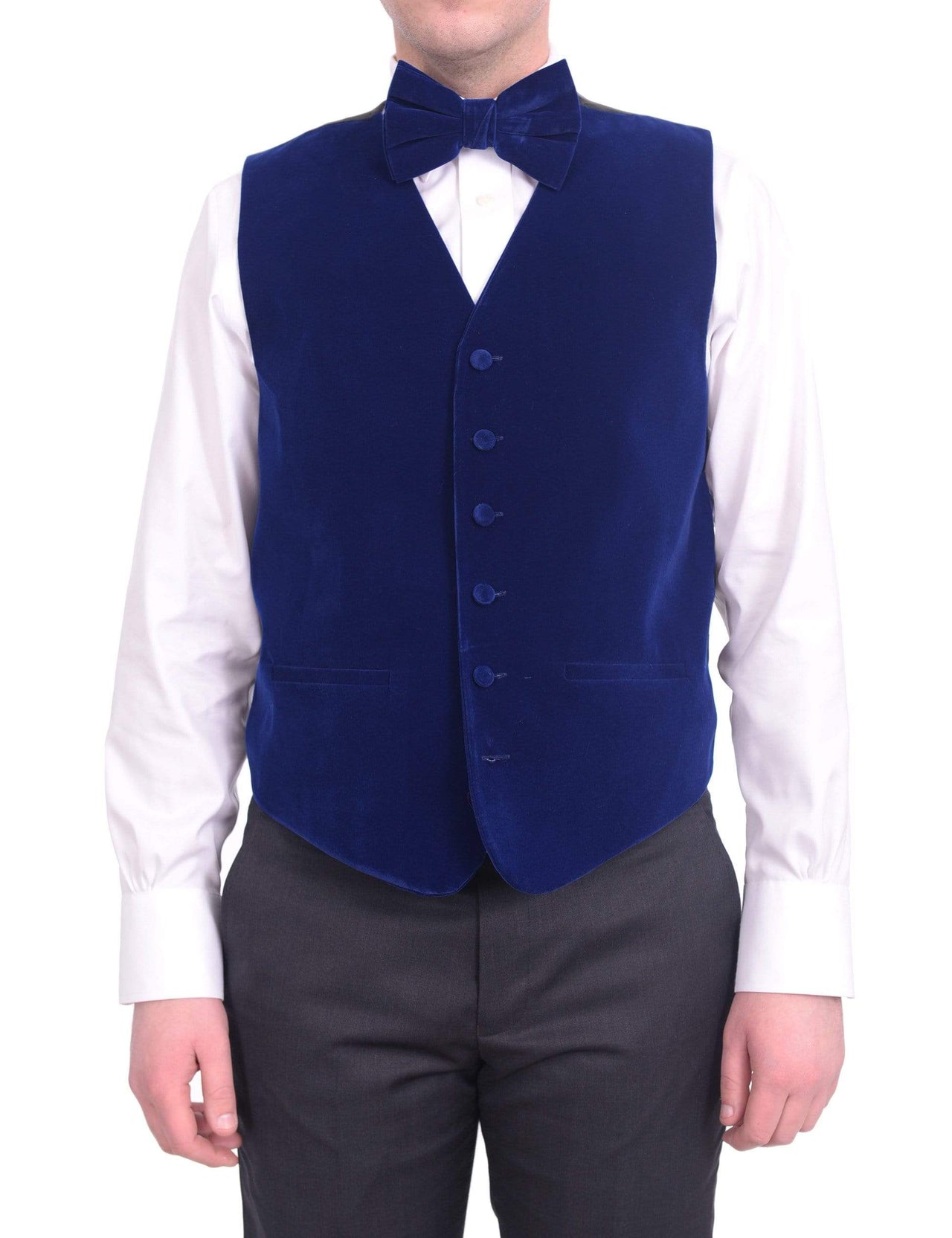 Steven Land Solid Sapphire Blue Velvet Velour Vest With Necktie & Bowtie Set - The Suit Depot