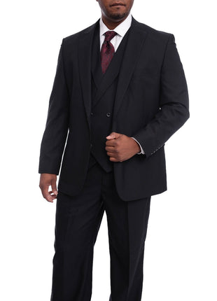 Steven Land THREE PIECE SUITS Steven Land Classic Fit Solid Navy One Button Three Piece Wool Suit Peak Lapels