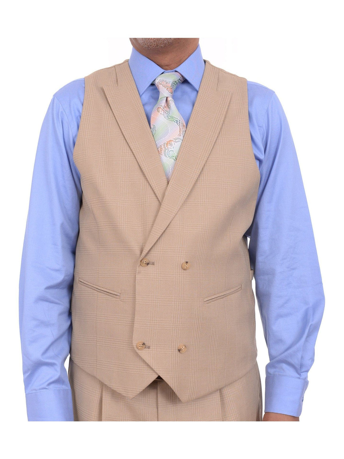Steven Land THREE PIECE SUITS Steven Land Classic Fit Tan Plaid Two Button Three Piece Suit With Peak Lapels