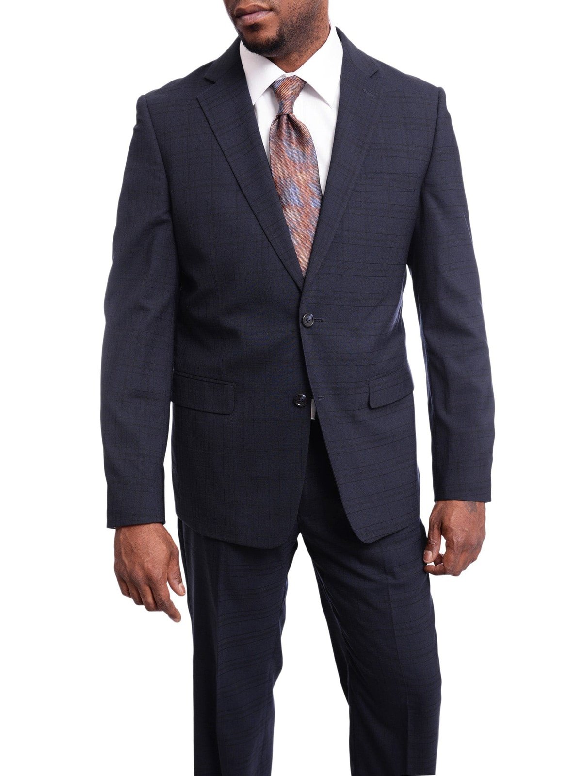 Steven Land TWO PIECE SUITS Steven Land Classic Fit Navy Blue Plaid Two Button Wool Suit