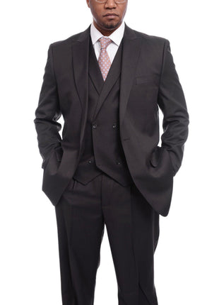 Steven Land TWO PIECE SUITS Steven Land Solid Dark Brown Vested One Button Wool Suit Peak Lapels