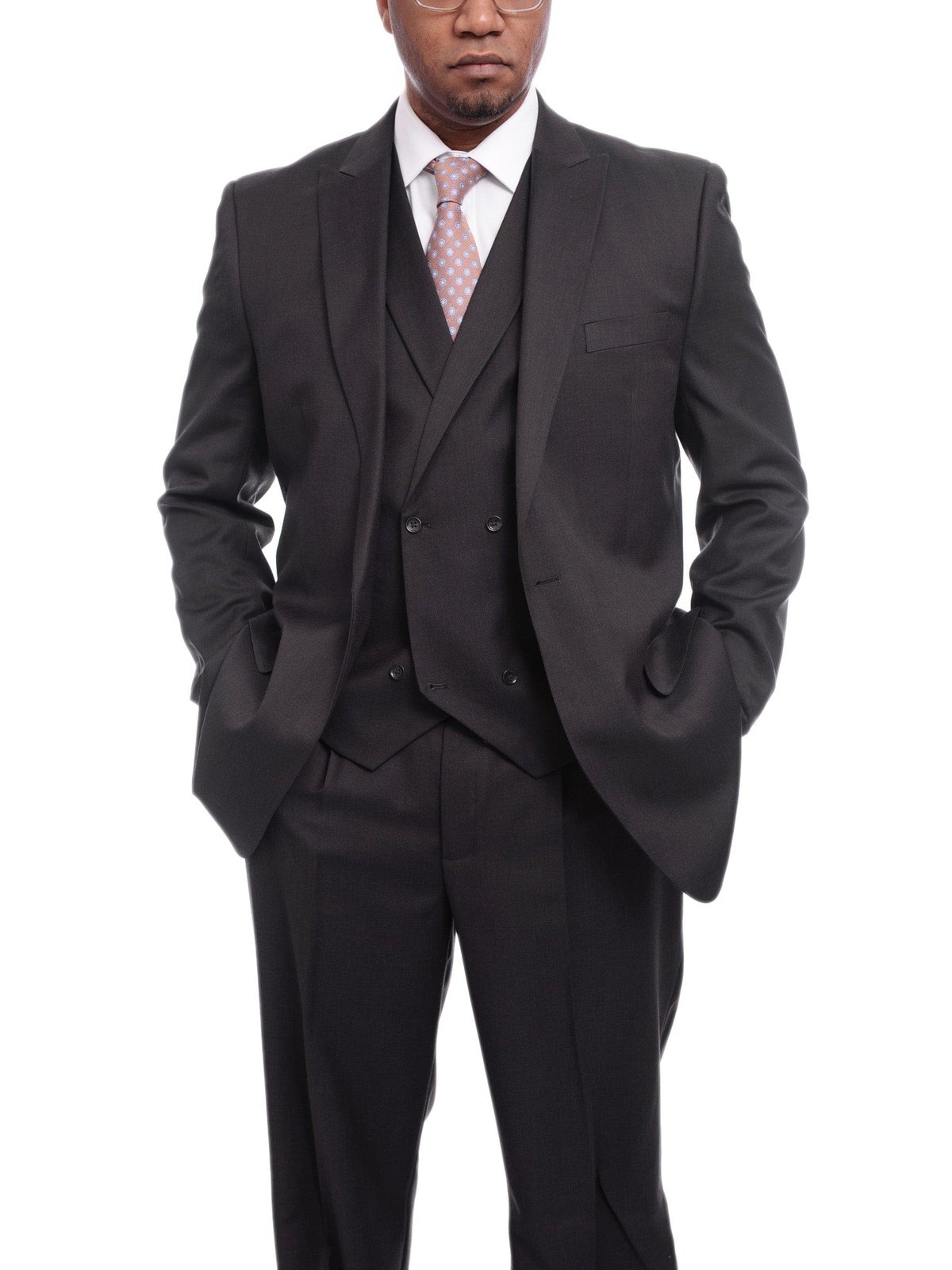 Steven Land TWO PIECE SUITS Steven Land Solid Dark Brown Vested One Button Wool Suit Peak Lapels