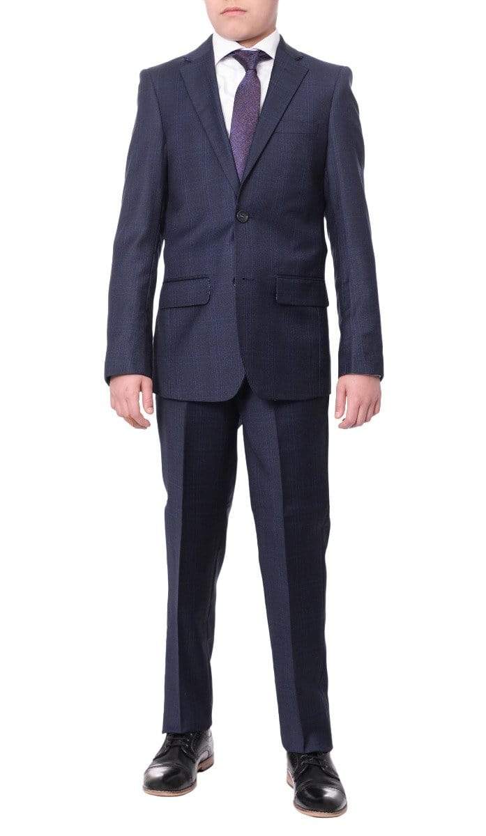 The Suit Depot Boys Navy Blue Plaid 100% Wool Slim Fit Suit - The Suit Depot