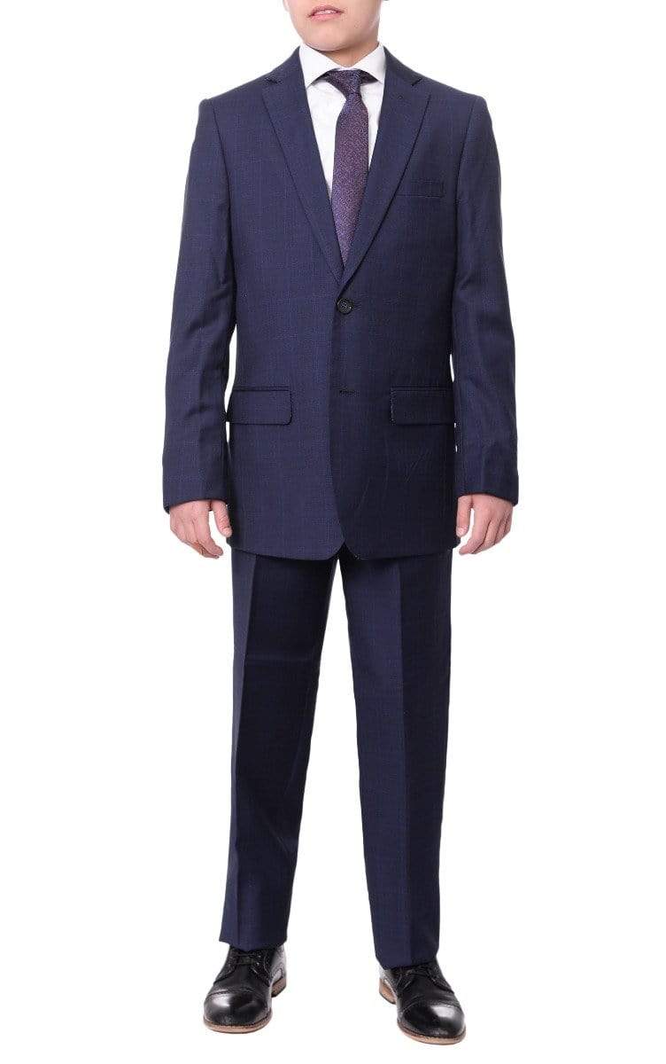 T.O. Boys 20 The Suit Depot Boys Navy Blue Plaid 100% Wool Regular Fit Suit