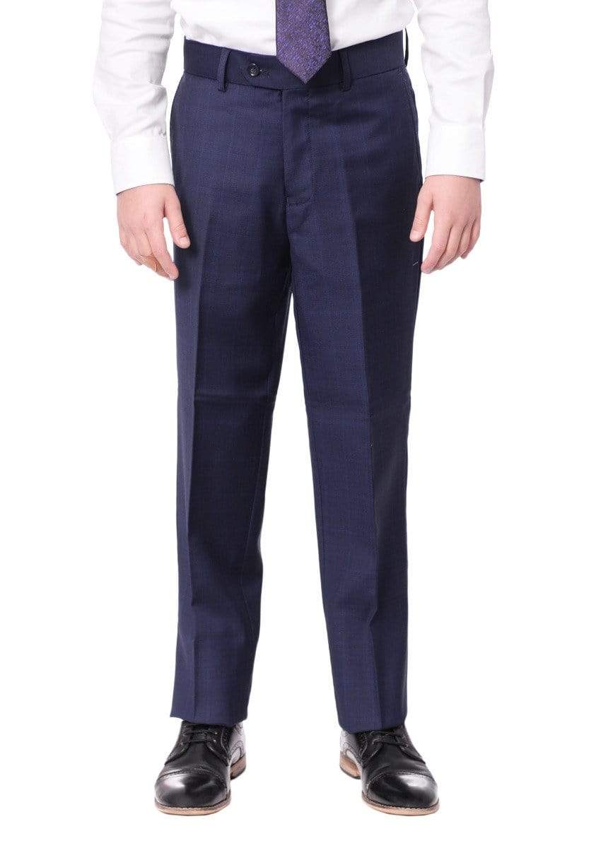 T.O. Boys The Suit Depot Boys Navy Blue Plaid 100% Wool Regular Fit Suit
