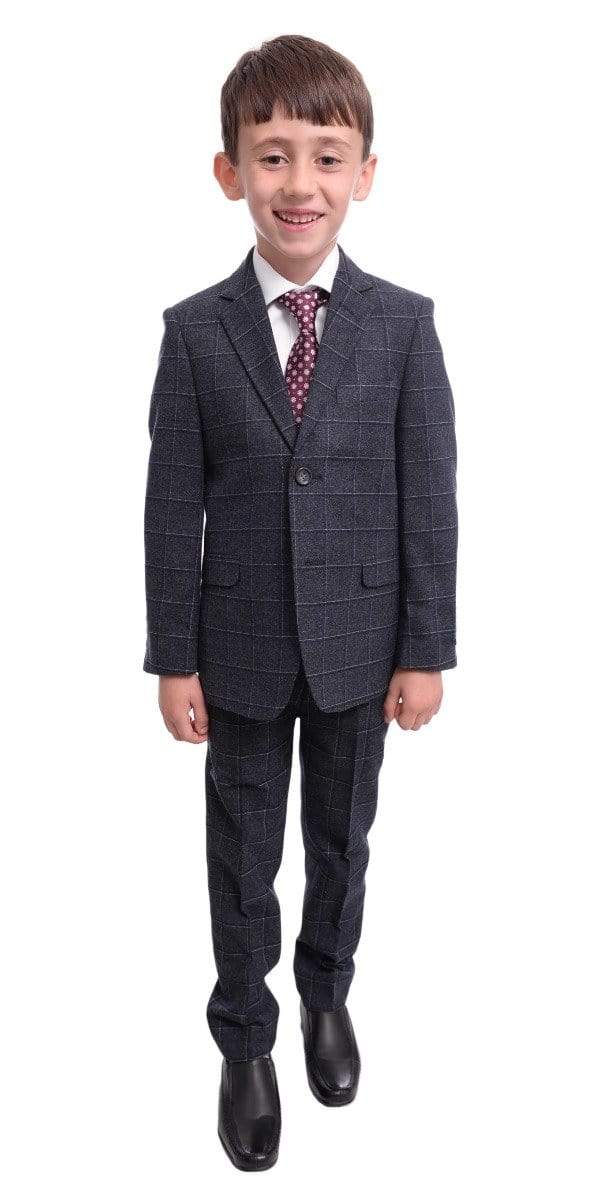 T.o. Slim Fit Gray With Blue & White Check Two Button Flannel Boys Suit - The Suit Depot