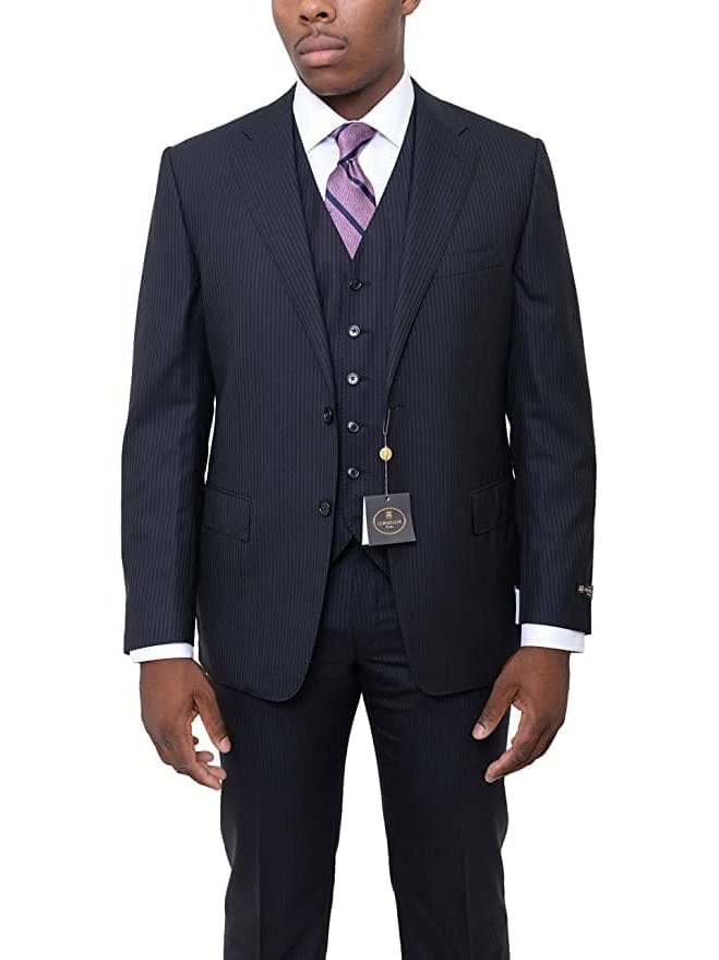 The Suit Depot Corneliani Mantua 44r 56 Drop 6 Navy Striped Super 110&#39;s Wool 18.25 Micron Suit