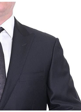The Suit Depot Corneliani Slim Fit 46R 58 Black Striped Super 130's Wool Suit with Peak Lapels