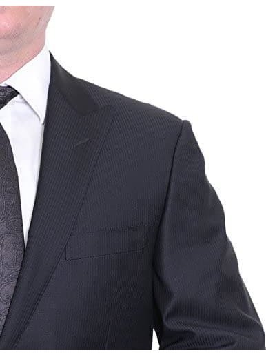 The Suit Depot Corneliani Slim Fit 46R 58 Black Striped Super 130&#39;s Wool Suit with Peak Lapels